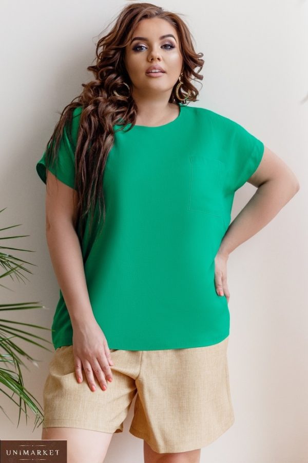 Приобрести зеленую женскую летнюю однотонную футболку из штапеля с карманом (размер 42-58) выгодно