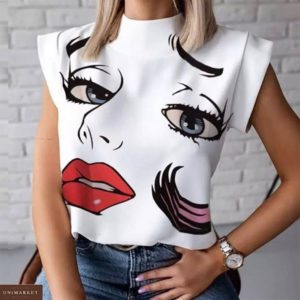 Придбати білу жіночу прінтована футболку з коміром на манжетах онлайн