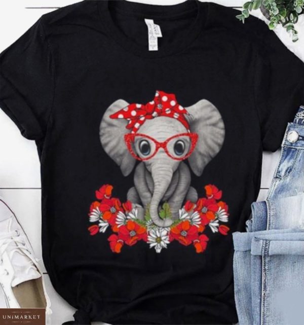 Придбати чорну жіночу футболку з принтом звірі (котики, слон, заєць) у Львові