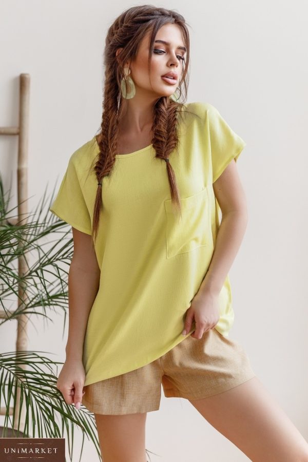 Купить желтую женскую летнюю однотонную футболку из штапеля с карманом (размер 42-58) недорого