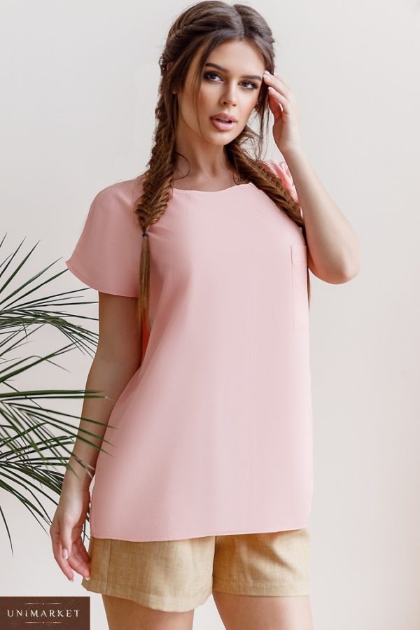Замовити рожеву жіночу літню однотонну футболку з штапеля з кишенею (розмір 42-58) дешево