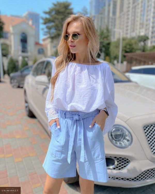 Придбати блакитні жіночі шорти «бермуди» з поясом і кишенями за низькими цінами