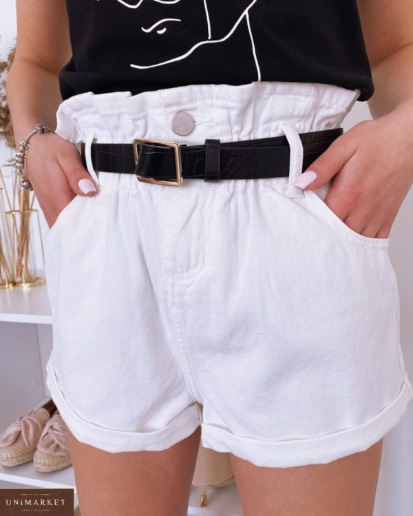 Замовити жіночі білі джинсові шорти баггі з поясом на гумці в інтернеті