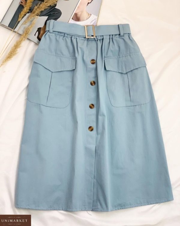 Заказать голубую женскую хлопковую юбку на резинке с поясом и карманами онлайн