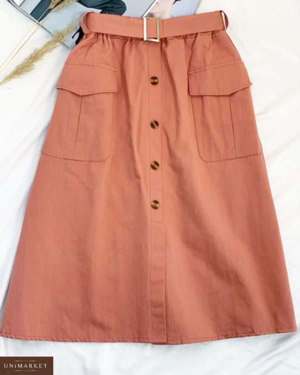 Заказать кирпичную женскую хлопковую юбку на резинке с поясом и карманами выгодно
