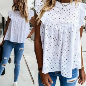 Купити білу жіночу літню блузку з прошви з рюшами (розмір 42-52) вигідно