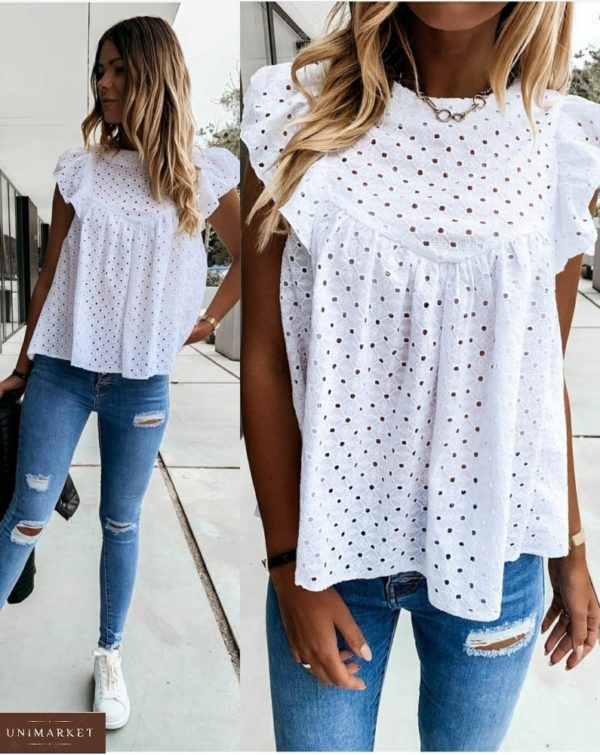 Купити білу жіночу літню блузку з прошви з рюшами (розмір 42-52) вигідно
