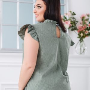 Купити оливкову жіночу блузку в горошок з рукавами-крильцями (розмір 42-56) онлайн