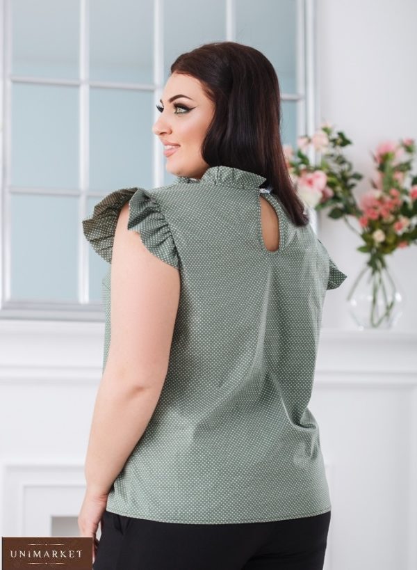 Купити оливкову жіночу блузку в горошок з рукавами-крильцями (розмір 42-56) онлайн