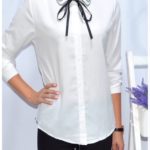 Купити жіночу білу блузку з бавовни з оригінальним коміром дешево