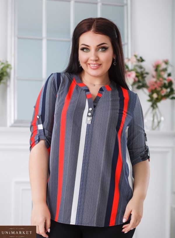 Купить серую женскую блузку в разную вертикальную полоску (размер 50-60) в Украине