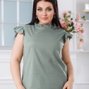 Придбати оливкову жіночу блузку в горошок з рукавами-крильцями (розмір 42-56) дешево