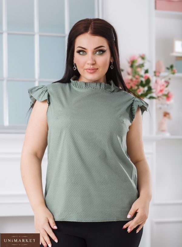 Придбати оливкову жіночу блузку в горошок з рукавами-крильцями (розмір 42-56) дешево
