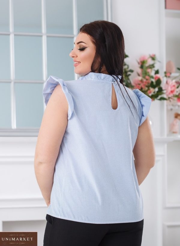 Купить женскую голубую блузку из хлопка в вертикальную полоску (размер 42-56) онлайн