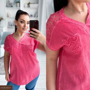 Купить коралл женскую легкую блузку из хлопка с кружевными вставками (размер 42-52) дешево