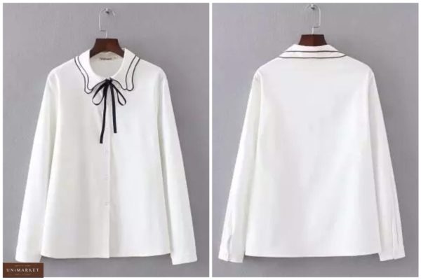 Замовити жіночу білу блузку з бавовни з оригінальним коміром онлайн