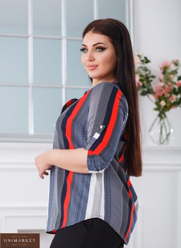 Заказать серую женскую блузку в разную вертикальную полоску (размер 50-60) по скидке