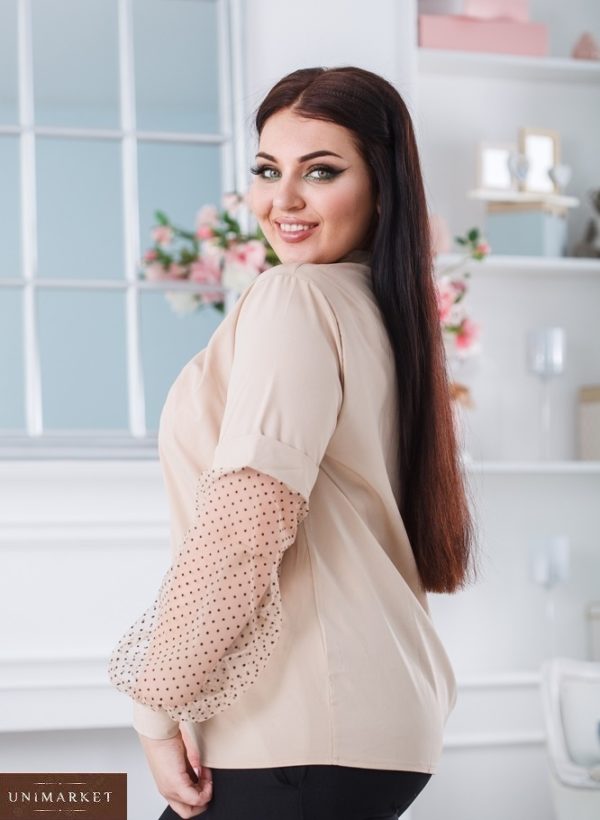 Купить беж женскую блузку с длинными рукавами из сетки в горошек (размер 50-56) онлайн