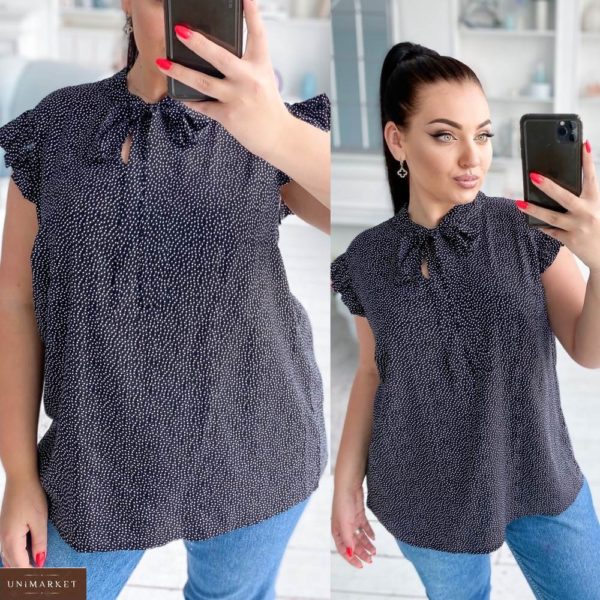 Купити чорну жіночу блузку з штапеля в горошок з зав'язкою на шиї (розмір 42-56) в Україні