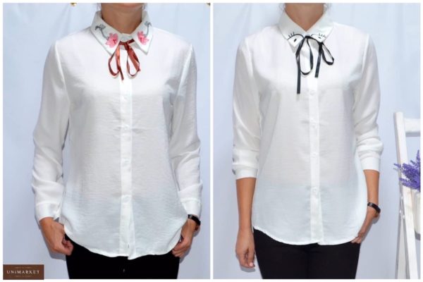 Придбати жіночу білу блузку з бавовни з оригінальним коміром вигідно