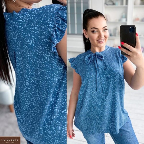 Придбати джинс жіночу блузку з штапеля в горошок з зав'язкою на шиї (розмір 42-56) в Києві