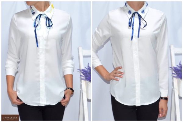 Заказать женскую белую блузку из хлопка с оригинальным воротником в интернете