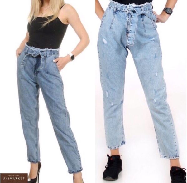 Приобрести женские голубые джинсы Mom с необработанным краем с поясом (размер 42-50) хорошего качества