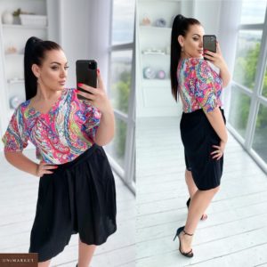 Купить цветной женский костюм из штапеля: принтованная блузка+юбка-шорты (размер 50-52) онлайн