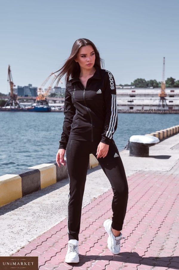 Купити спортивний жіночий костюм Adidas з кофтою на змійці чорного кольору (розмір 42-54) онлайн