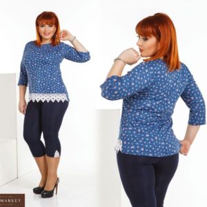Купити жіночий синій комплект: туніка з принтом + бриджі (розмір 50-56) в інтернеті