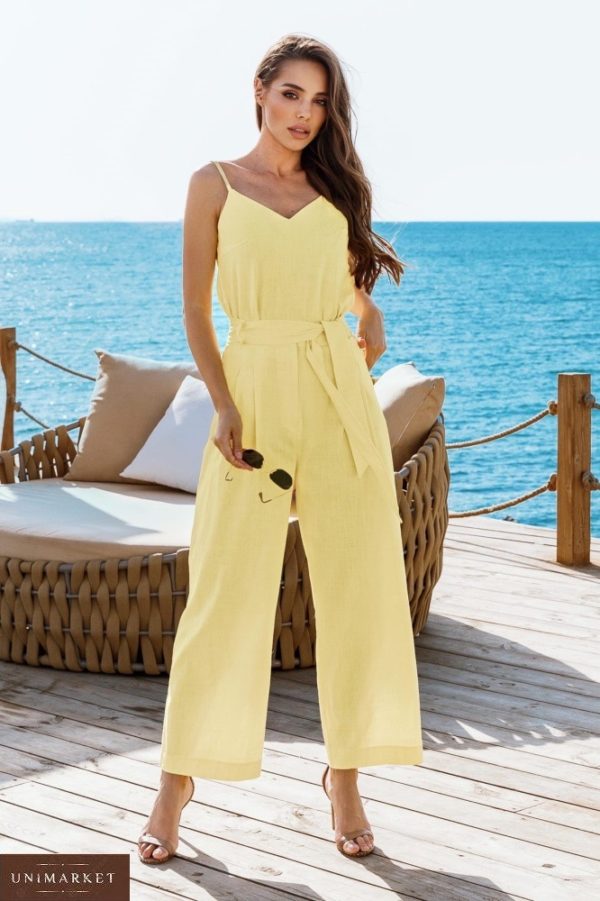 Купити жовтий літній брючний костюм з майкою з льону жіночий розміру 42-48 S-XL вигідно