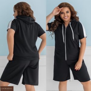 Придбати для жінок трикотажний чорний літній костюм: шорти + кофта з коротким рукавом (розмірів XL + 48-62) онлайн