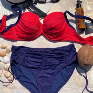 Купить синий/красный женский двухцветный купальник с драпировкой (размер 48-56) по низким ценам