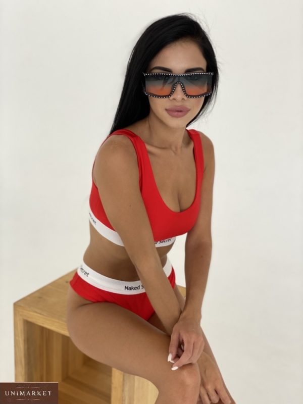 Заказать красный женский купальник-тройка в спортивном стиле: два топа+плавки (размер 40-50) по скидке