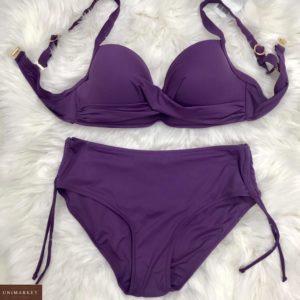 Замовити фіолетовий жіночий однотонний роздільний купальник з широкими плавками (розмір 42-50) по знижці