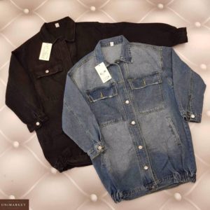 Купити чорну, синю жіночу подовжену джинсову куртку зі складками по боках онлайн