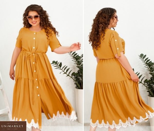 Придбати гірчичне жіноче плаття-сорочка довжини максі з контрастним мереживом (розмір 48-66) по знижці