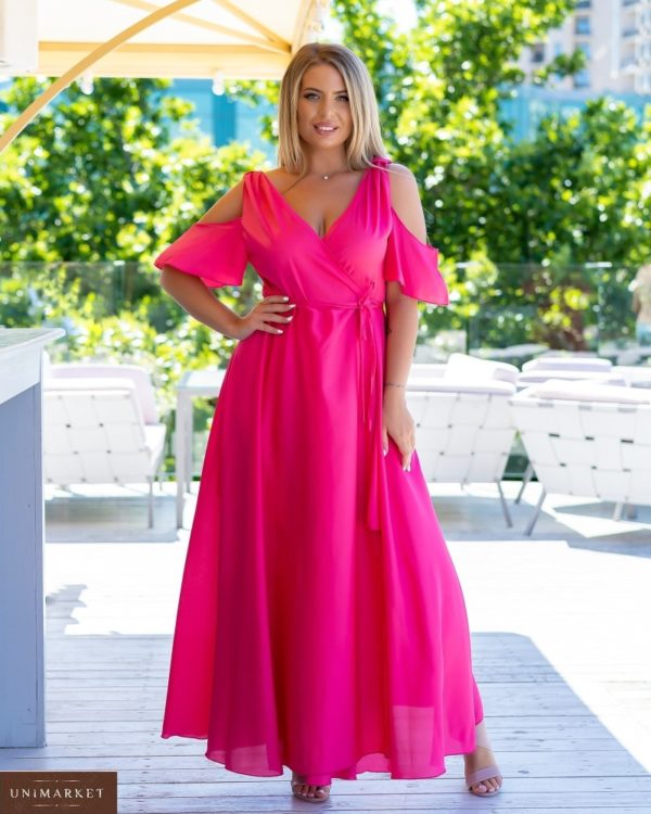 Приобрести женское нежное розовое платье на запах с поясом (размер 48-64) недорого с открытыми плечами
