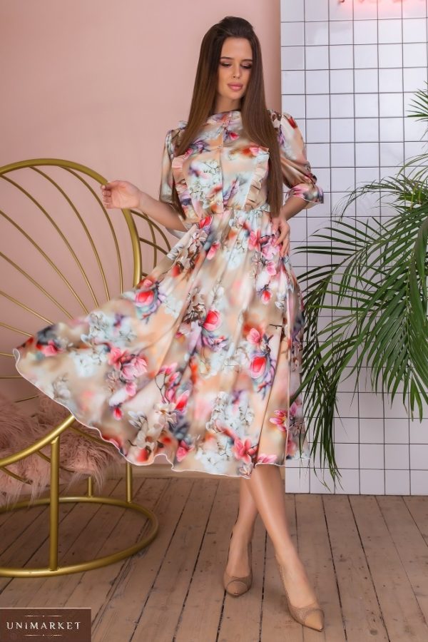 Купить нежное персиковое цветное платье миди для женщин с рукавами-фонариками (размер 42-58) по низким ценам