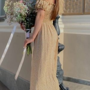 Заказать горчичное летнее платье для женщин из штапеля с мелким принтом с резинками (размер 42-58) онлайн