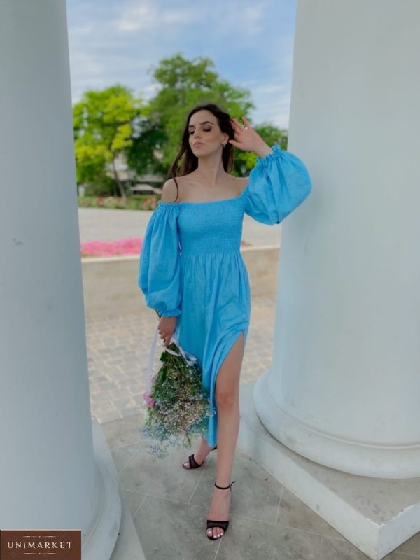 Приобрести летнее платье длины макси из льна с вышивкой с объемными рукавами голубого цвета для женщин (размер 42-58) выгодно
