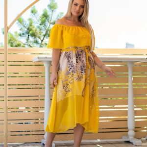Купити жовту шифонову сукню з принтом для жінок з відкритими плечима (розмір 48-62) на літо вигідно