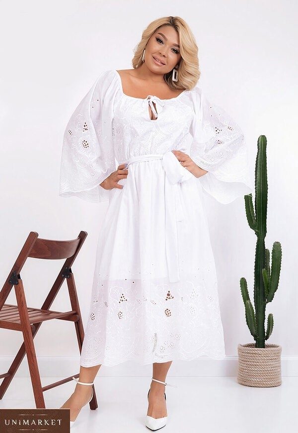 Купить белое oversize платье из батиста для женщин с вышивкой (размер 48-58) по скидке