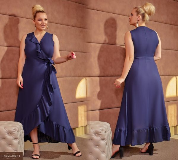 Заказать синее женское платье из натурального льна в романтическом стиле на запах (размер 50-64) по скидке