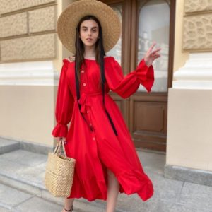 Купити червоне плаття-сорочку для жінок з довгим рукавом і відкритими плечима (розмір 42-50) по знижці