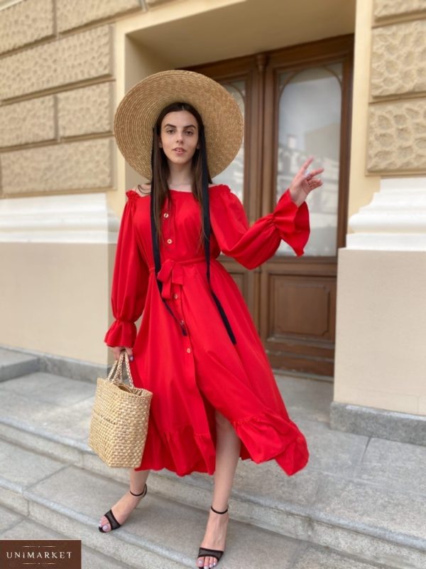 Купити червоне плаття-сорочку для жінок з довгим рукавом і відкритими плечима (розмір 42-50) по знижці