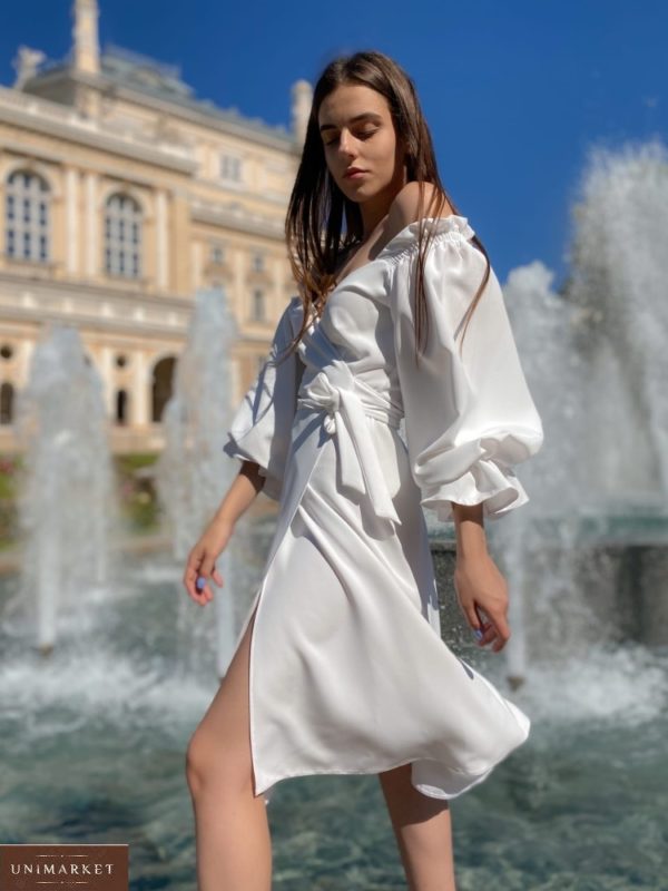 Купити біле плаття довжини міді на запах з довгими пишними рукавами для жінок (розмір 42-50) вигідно