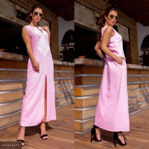 Купить женское платье розового цвета длины макси из льна с узором (размер 42-48) выгодно