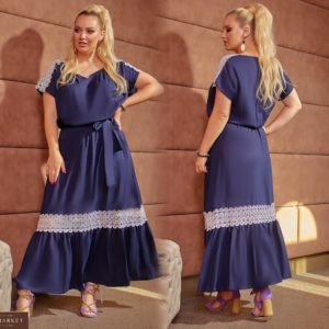 Купити синє жіноче плаття максі з льону з контрастними мереживними вставками (розмір 48-66) недорого