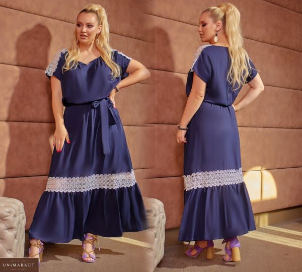 Купить синее женское платье макси из льна с контрастными кружевными вставками (размер 48-66) недорого
